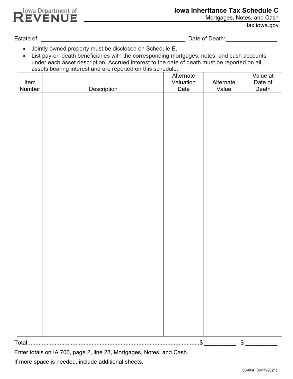 Form 60-004 Schedule C Iowa Inheritance Tax - Mortgages, Notes, and Cash - Iowa, Page 1