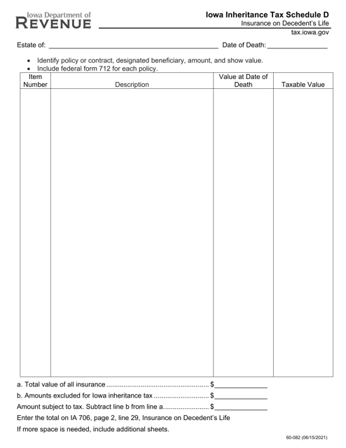 Form 60-082 Schedule D Iowa Inheritance Tax - Insurance on Decedent's Life - Iowa