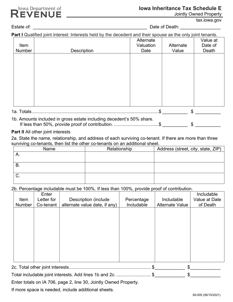 Form 60-005 Schedule E Iowa Inheritance Tax - Jointly Owned Property - Iowa, Page 1