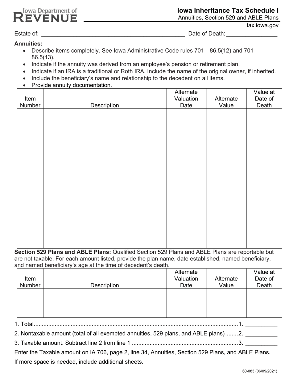 Form 60-083 Schedule I Iowa Inheritance Tax - Annuities, Section 529 and Able Plans - Iowa, Page 1