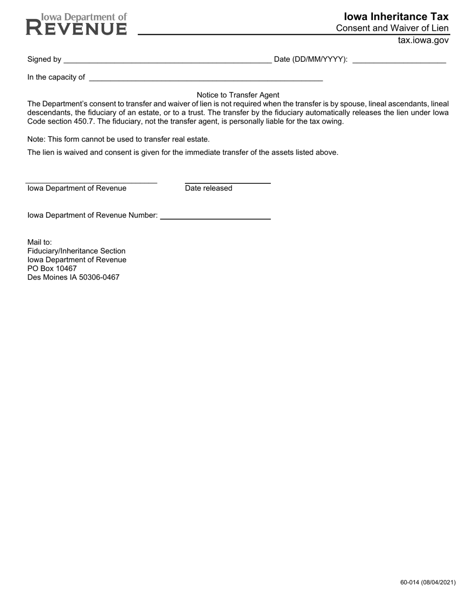 Form 60014 Fill Out, Sign Online and Download Printable PDF, Iowa