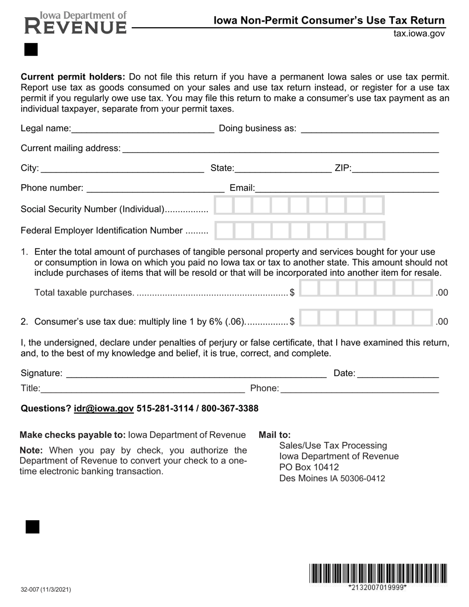 Form 32-007 Iowa Non-permit Consumers Use Tax Return - Iowa, Page 1