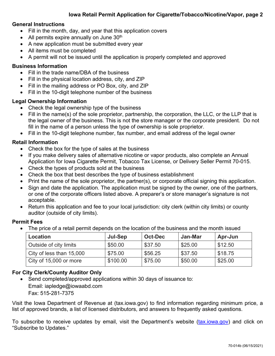 Form 70-014 Iowa Retail Permit Application for Cigarette / Tobacco / Nicotine / Vapor - Iowa, Page 2