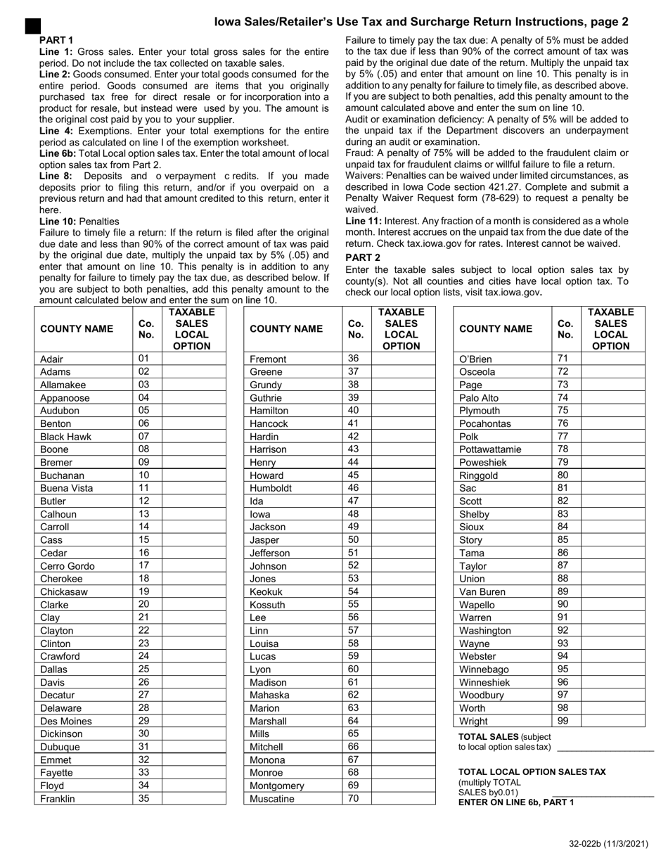 Form 32-022 Iowa Sales / Retailers Use Tax and Surcharge Return - Iowa, Page 2