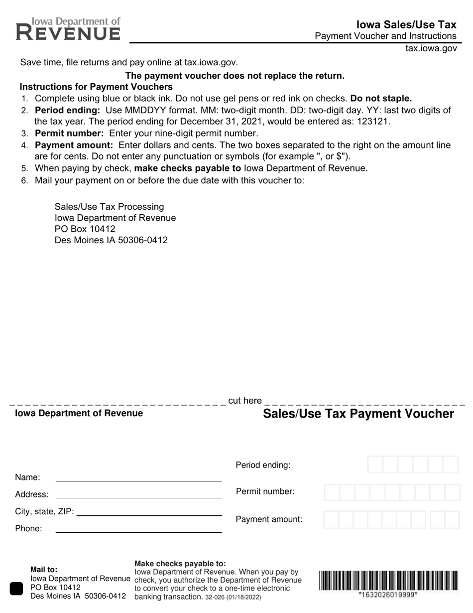 Form 32-026 Iowa Sales / Use Tax Payment Voucher - Iowa, Page 1