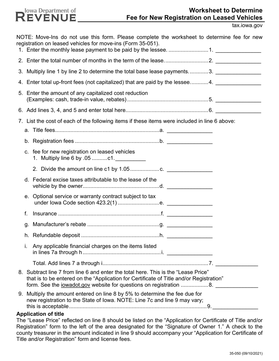 Form 35-050 Worksheet to Determine Fee for New Registration on Leased Vehicles - Iowa, Page 1