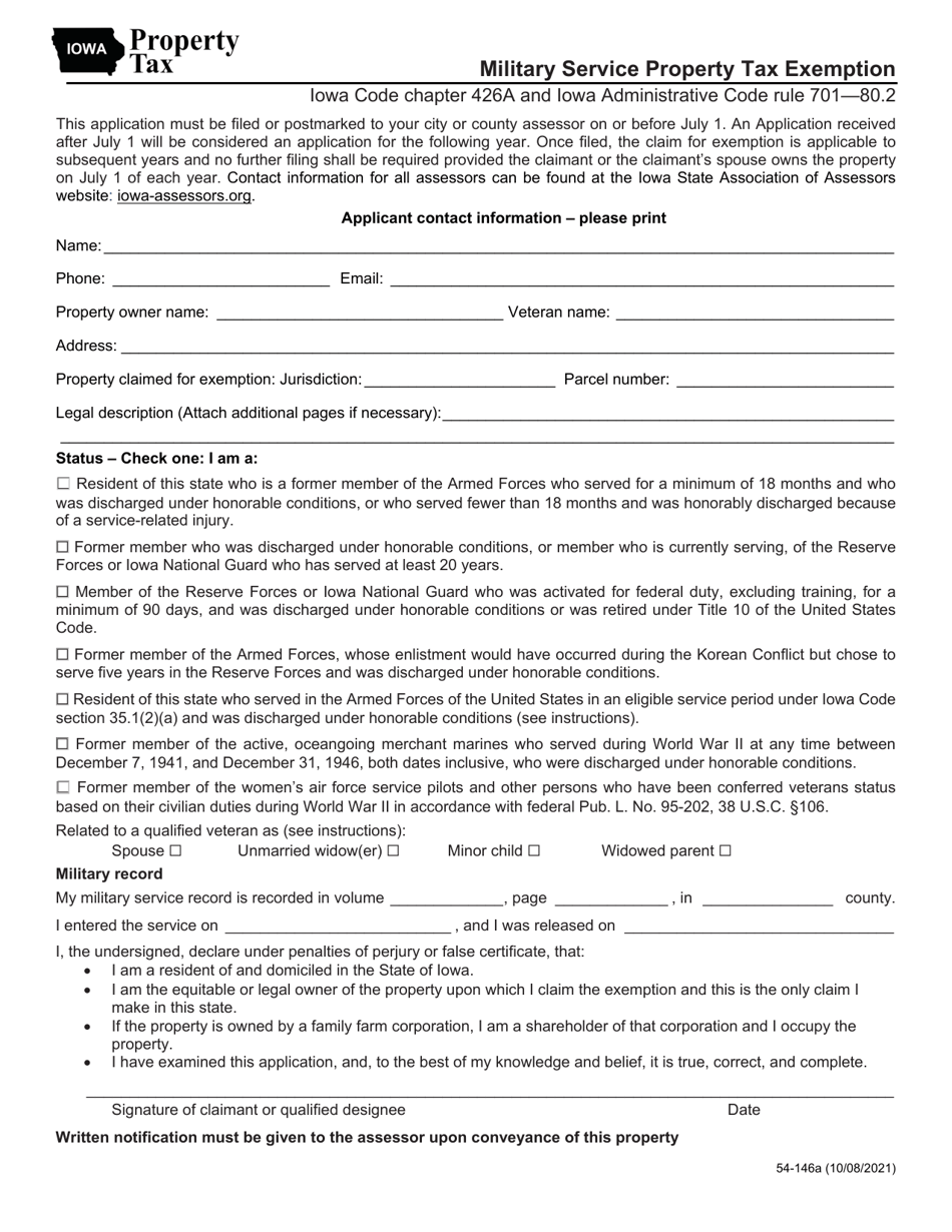 Form 54-146 Military Service Property Tax Exemption - Iowa, Page 1