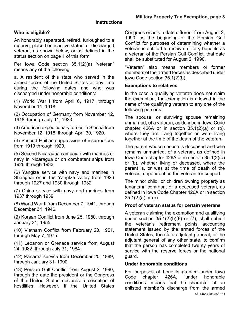 Form 54-146 Military Service Property Tax Exemption - Iowa, Page 3