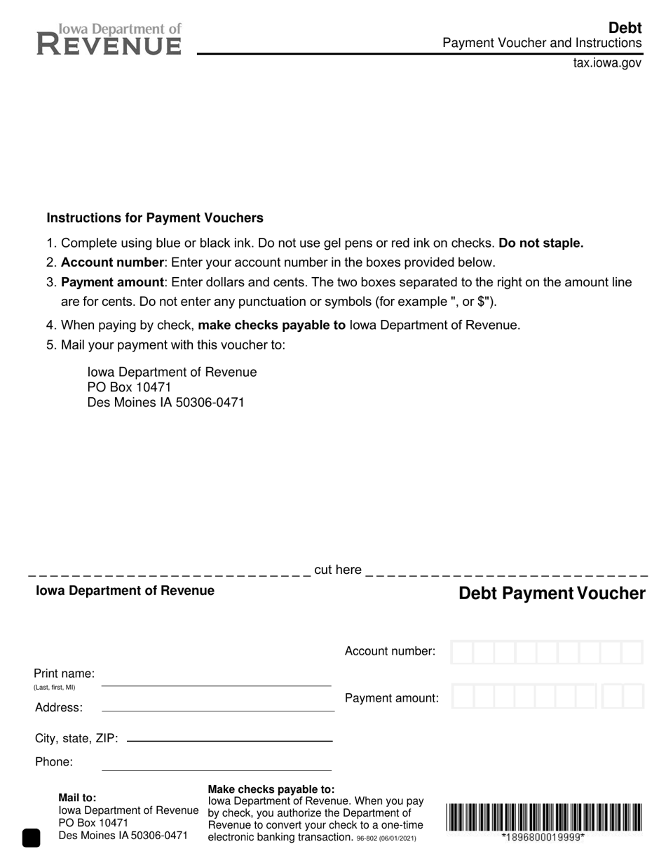 Form 96-802 Non-tax Debt Payment Voucher - Iowa, Page 1