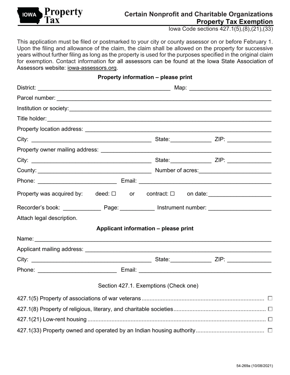 Form 54-269 Certain Nonprofit and Charitable Organizations Property Tax Exemption - Iowa, Page 1