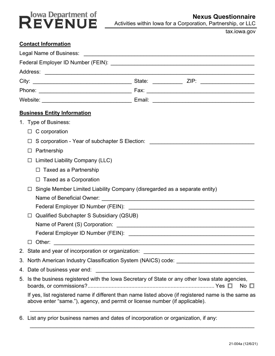 Form 21-004 Nexus Questionnaire - Iowa, Page 1