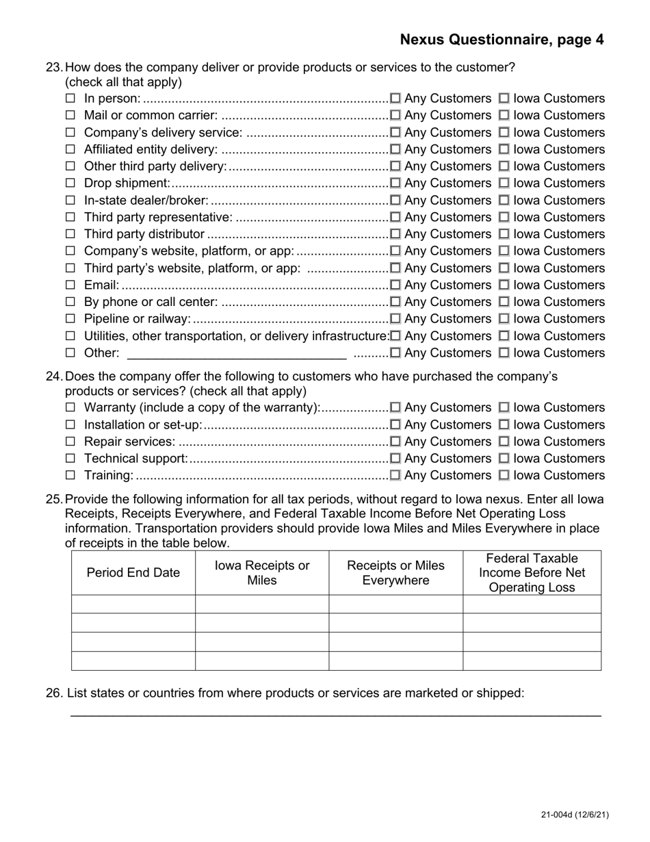 Form 21-004 Nexus Questionnaire - Iowa, Page 4