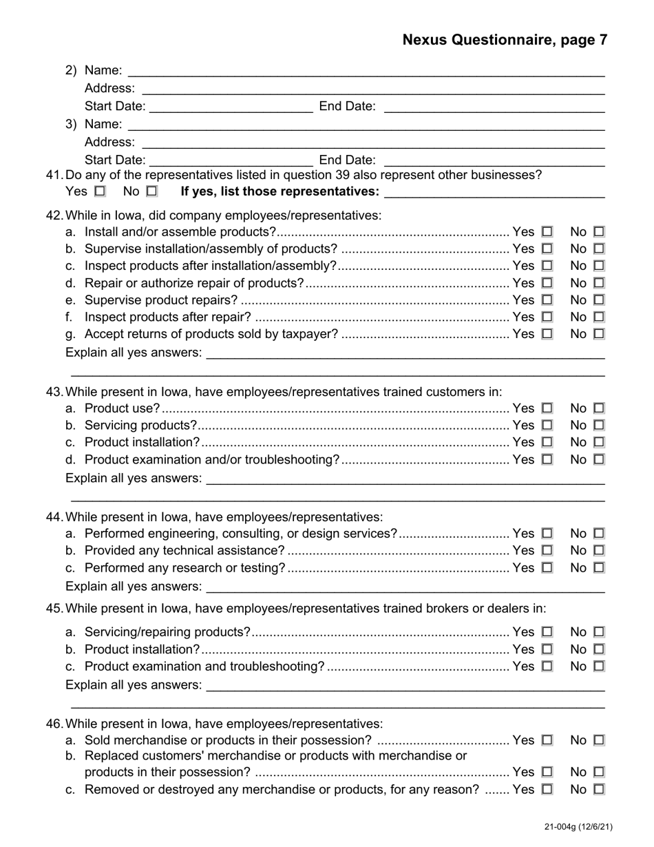 Form 21-004 Nexus Questionnaire - Iowa, Page 7