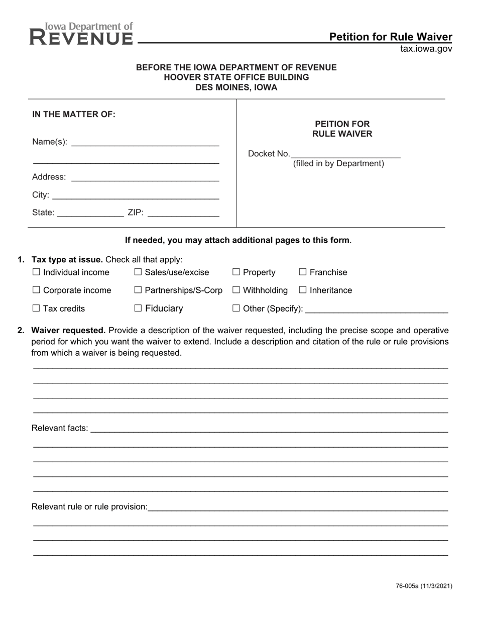 Form 76-005 Petition for Rule Waiver - Iowa, Page 1