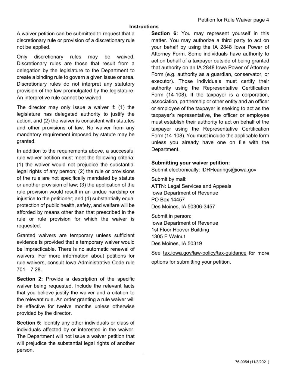 Form 76-005 Petition for Rule Waiver - Iowa, Page 4
