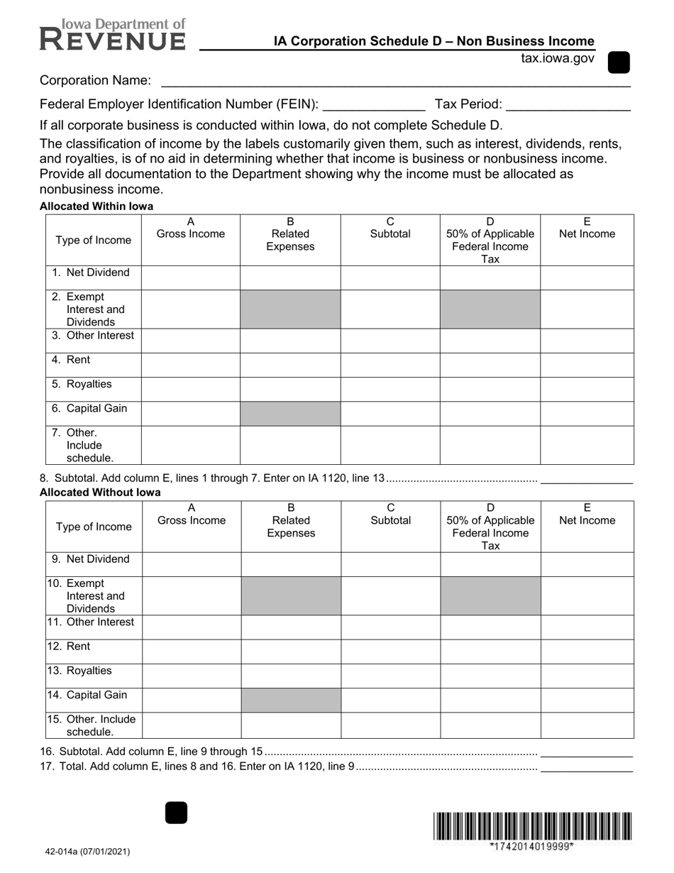 Form 42-014 Schedule D Non-business Income - Iowa, Page 1
