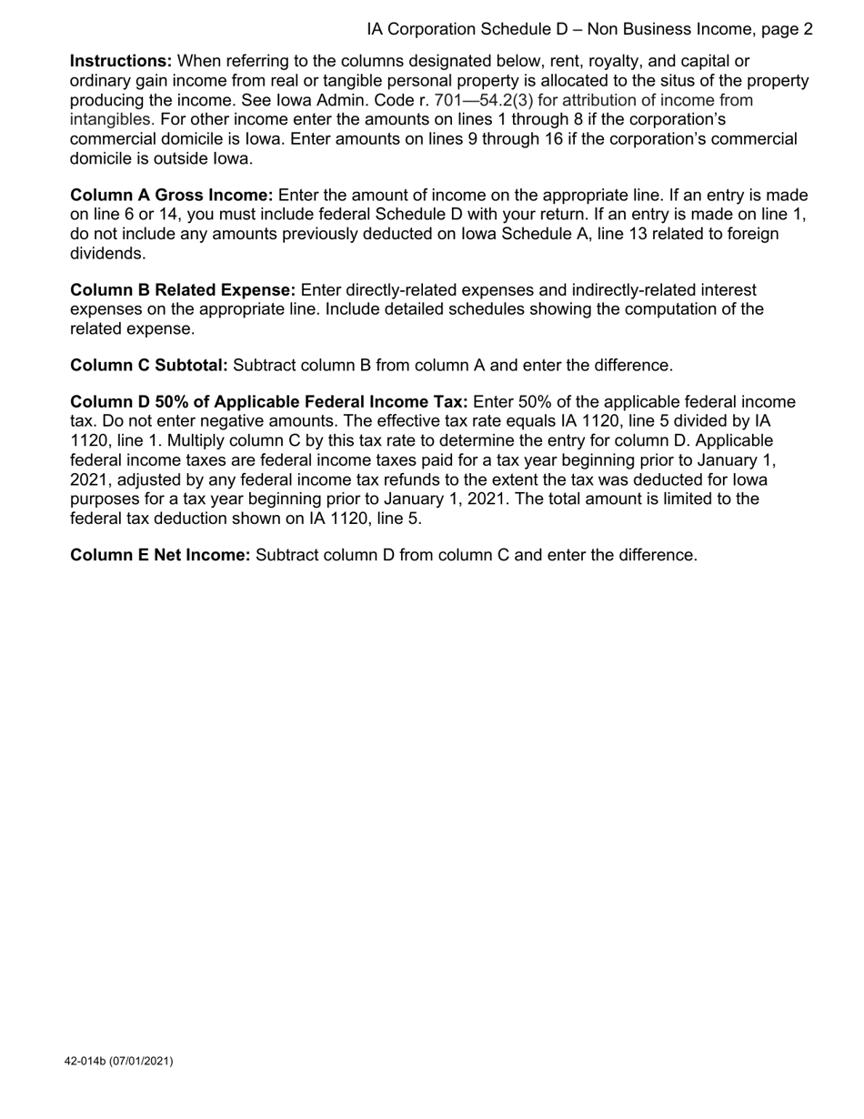 Form 42-014 Schedule D Non-business Income - Iowa, Page 2