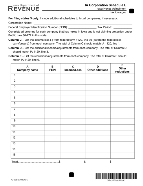 Form 42-025 Schedule L  Printable Pdf