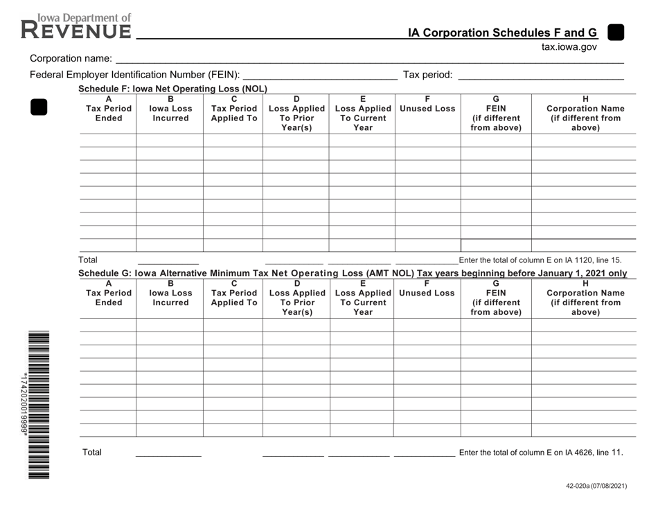 Form 42-020 Schedule F, G Iowa Net Operating Loss - Iowa, Page 1