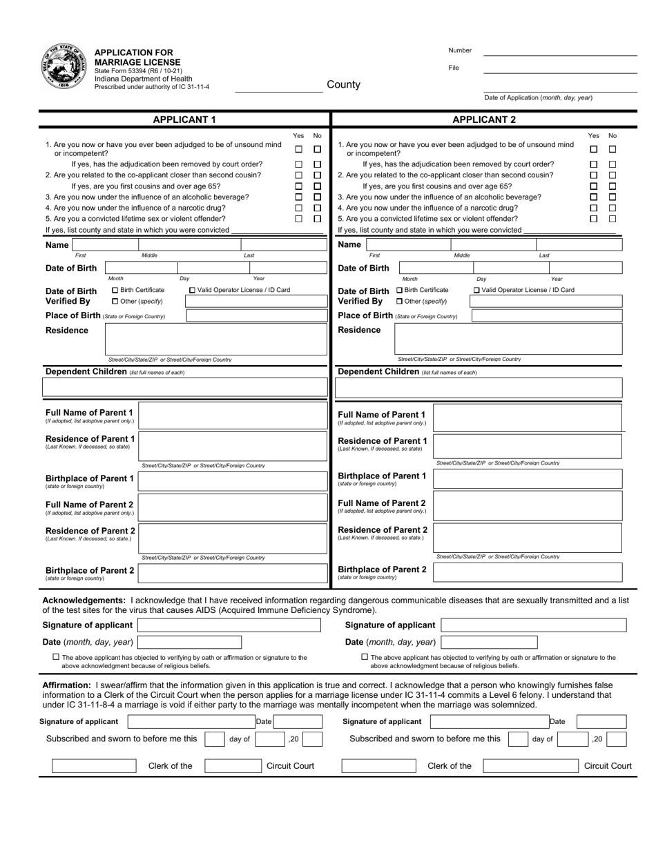 State Form 53394 Application for Marriage License - Indiana, Page 1