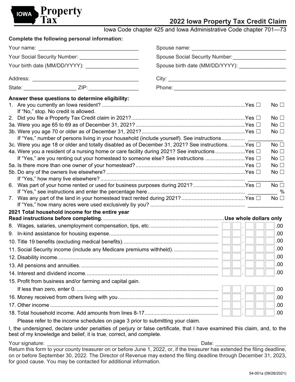 Form 54-001 Iowa Property Tax Credit Claim - Iowa, Page 1