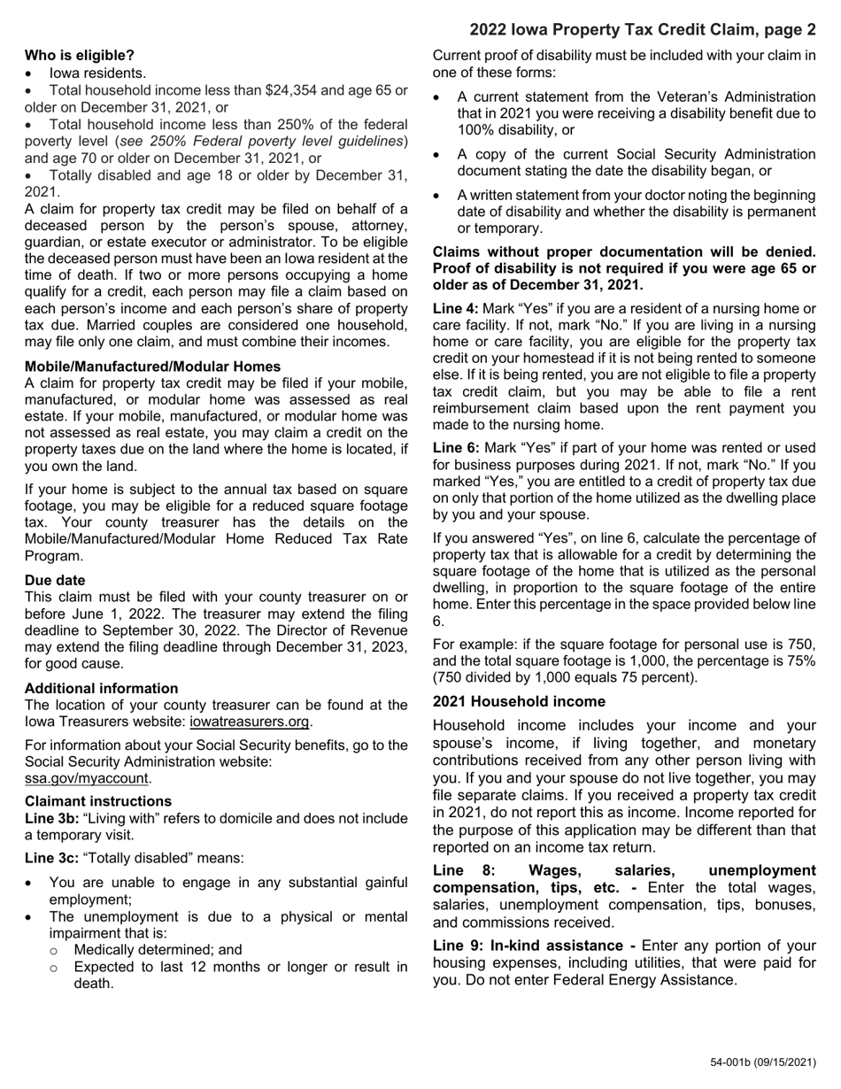 Form 54-001 Iowa Property Tax Credit Claim - Iowa, Page 2