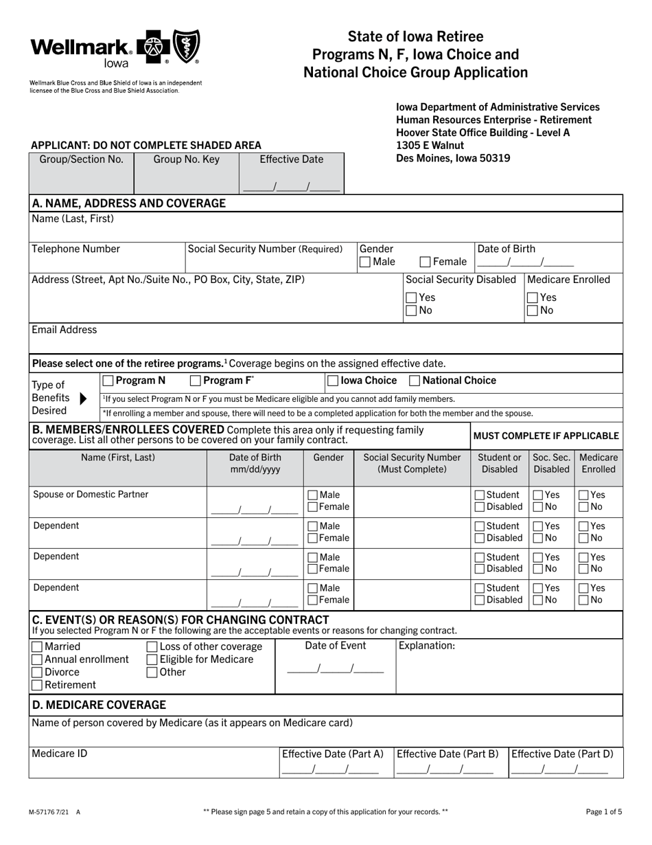 Form M-57176 State of Iowa Retiree Programs N, F, Iowa Choice and National Choice Group Application - Iowa, Page 1