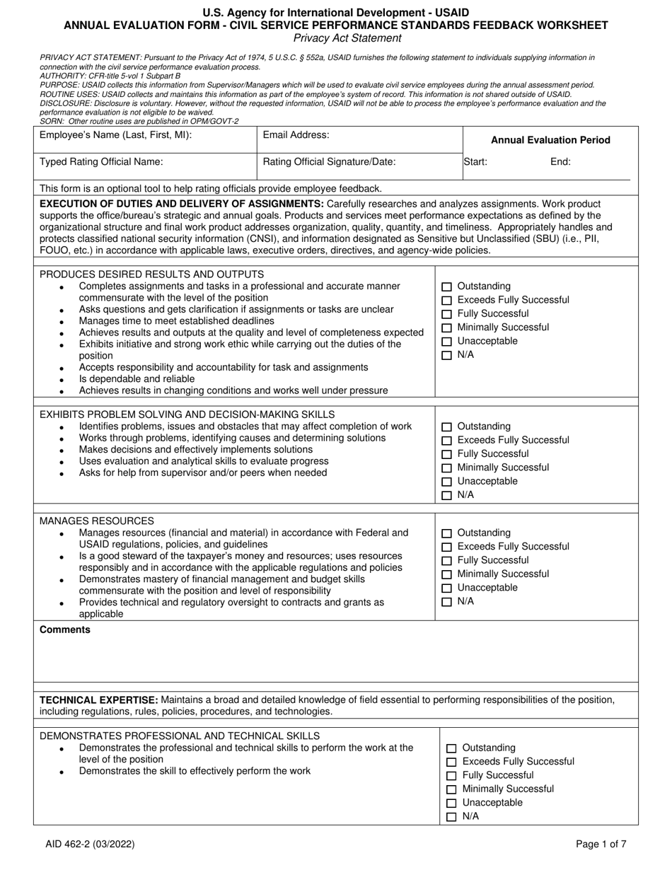 Form AID462-2 Annual Evaluation Form - Civil Service Performance Standards Feedback Worksheet, Page 1