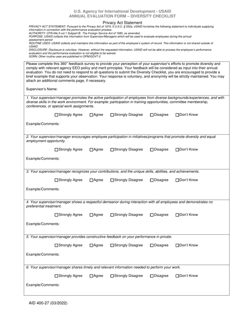 Form AID400-27 Annual Evaluation Form - Diversity Checklist