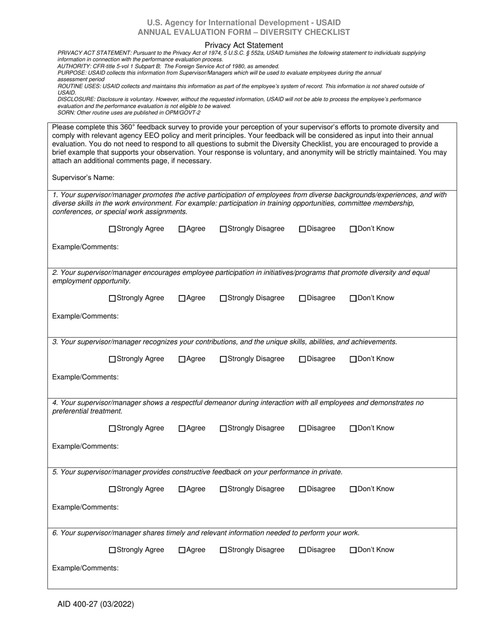 Form AID400-27 Annual Evaluation Form - Diversity Checklist, Page 1