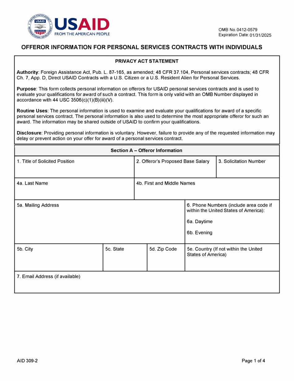 Form AID309-2 Offeror Information for Personal Services Contracts With Individuals, Page 1