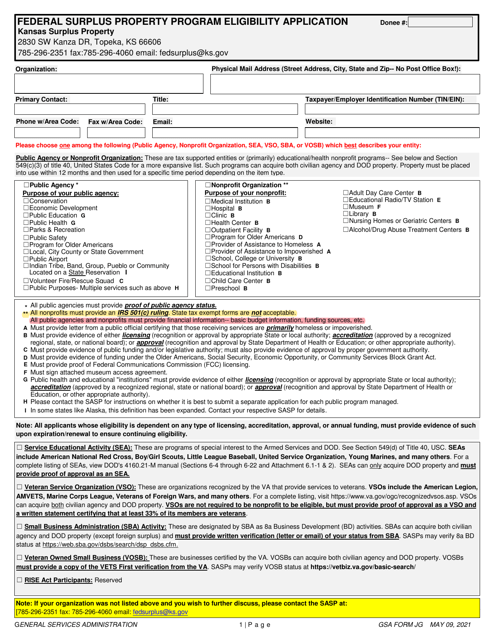 GSA Form JG Federal Surplus Property Program Eligibility Application - Kansas