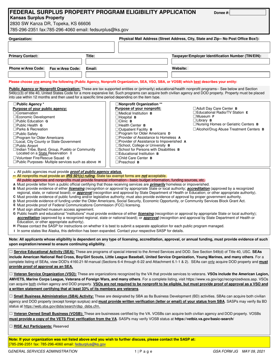 GSA Form JG Federal Surplus Property Program Eligibility Application - Kansas, Page 1