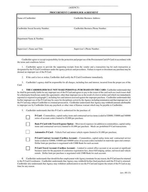 Procurement Cardholder Agreement - Kansas Download Pdf