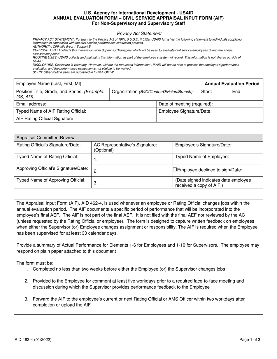 Form AID462-4 Annual Evaluation Form - Civil Service Appraisal Input Form (Aif) for Non-supervisory and Supervisory Staff, Page 1