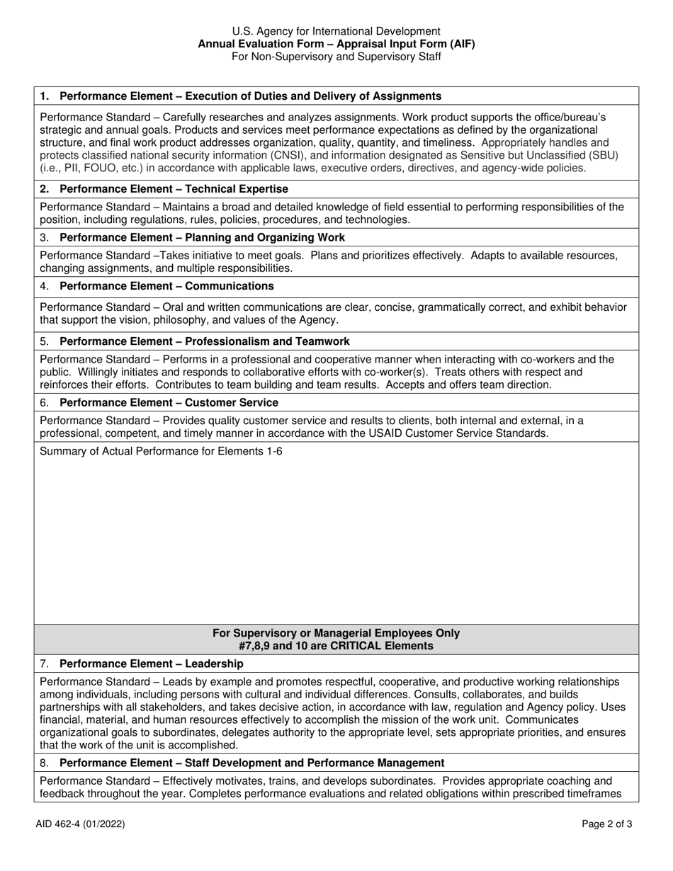 Form AID462-4 Annual Evaluation Form - Civil Service Appraisal Input Form (Aif) for Non-supervisory and Supervisory Staff, Page 2