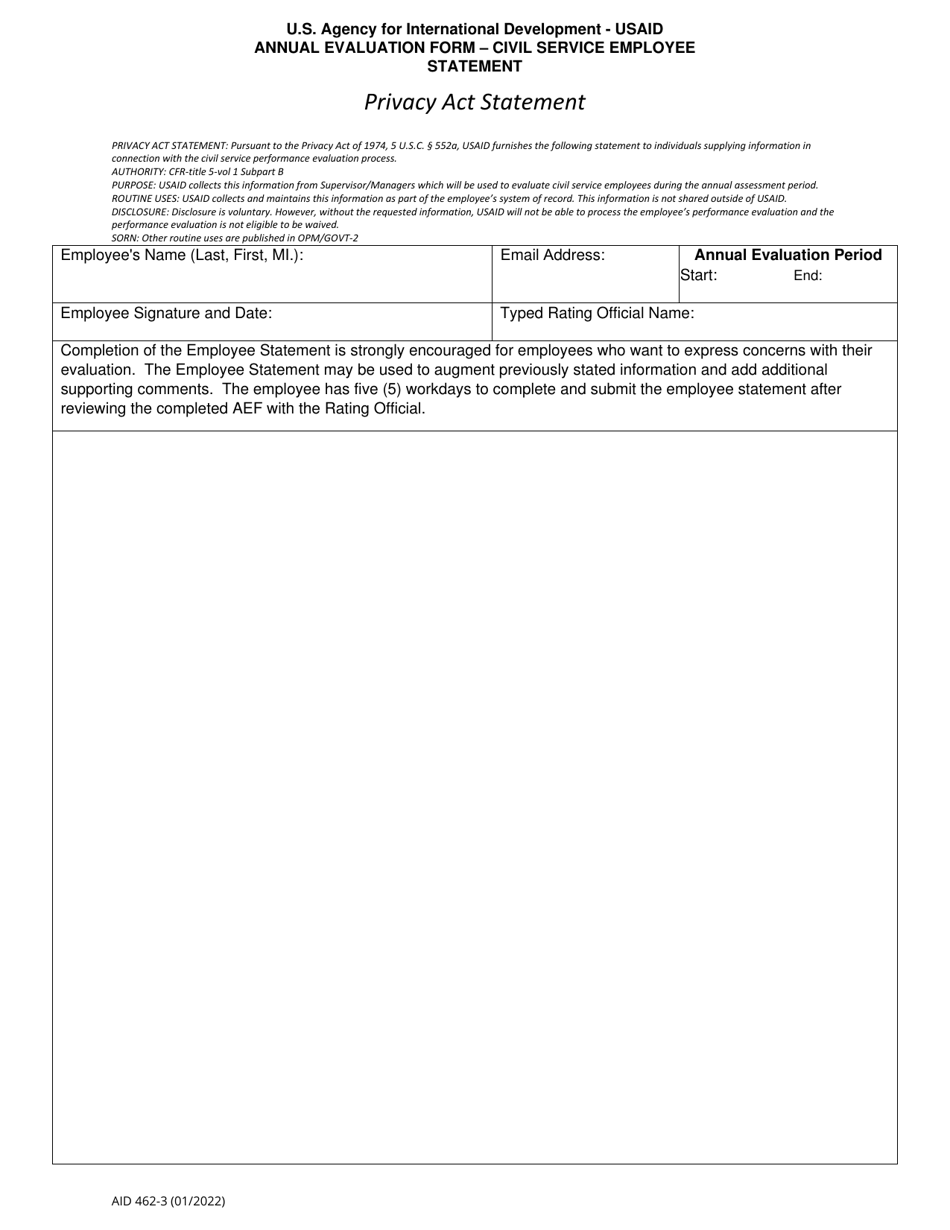 Form AID462-3 Annual Evaluation Form - Civil Service Employee Statement, Page 1