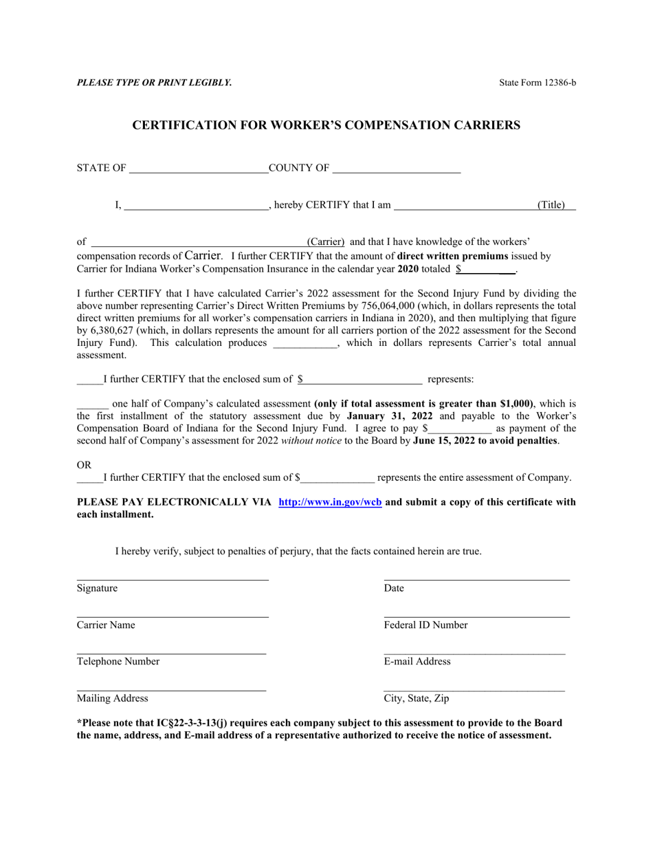 State Form 12386-B Certification for Workers Compensation Carriers - Indiana, Page 1