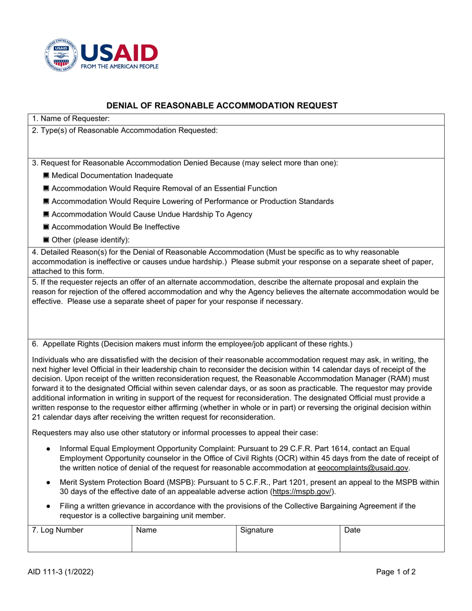 Form AID111-3 Denial of Reasonable Accommodation Request, Page 1