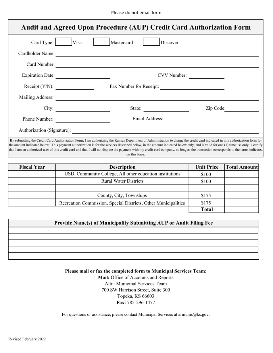 Audit and Agreed Upon Procedure (Aup) Credit Card Authorization Form - Kansas, Page 1