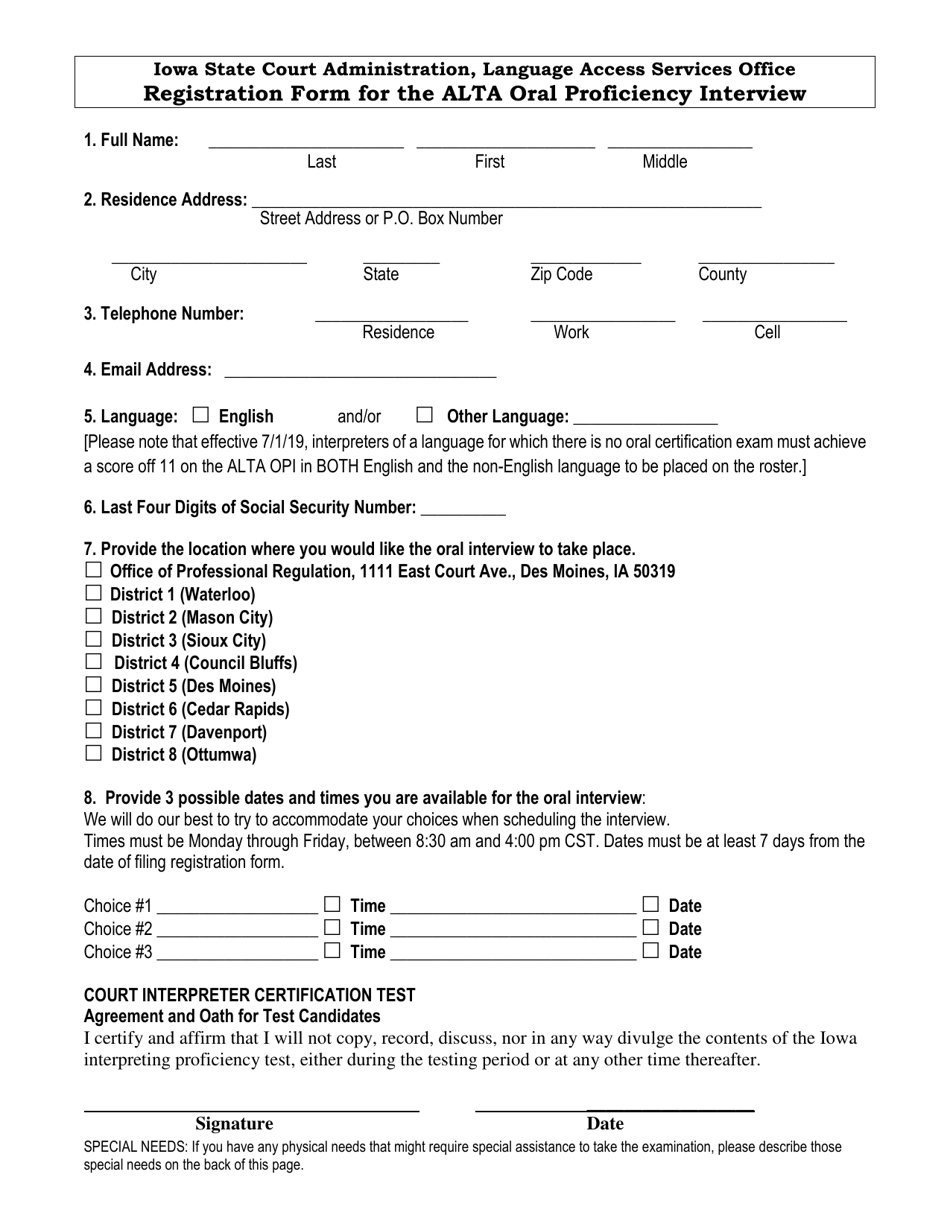 Registration Form for the Alta Oral Proficiency Interview - Iowa, Page 1