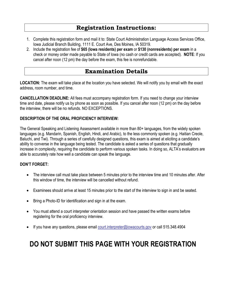 Registration Form for the Alta Oral Proficiency Interview - Iowa, Page 2
