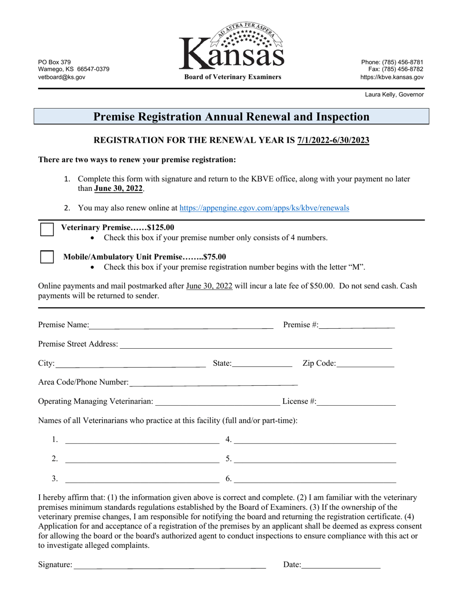 Premise Registration Annual Renewal and Inspection - Kansas, Page 1