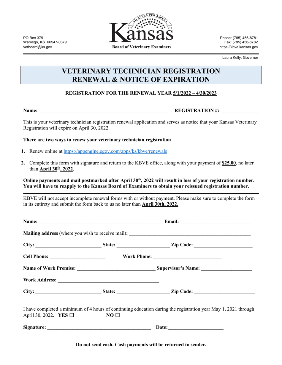 Veterinary Technician Registration Renewal  Notice of Expiration - Kansas, Page 1