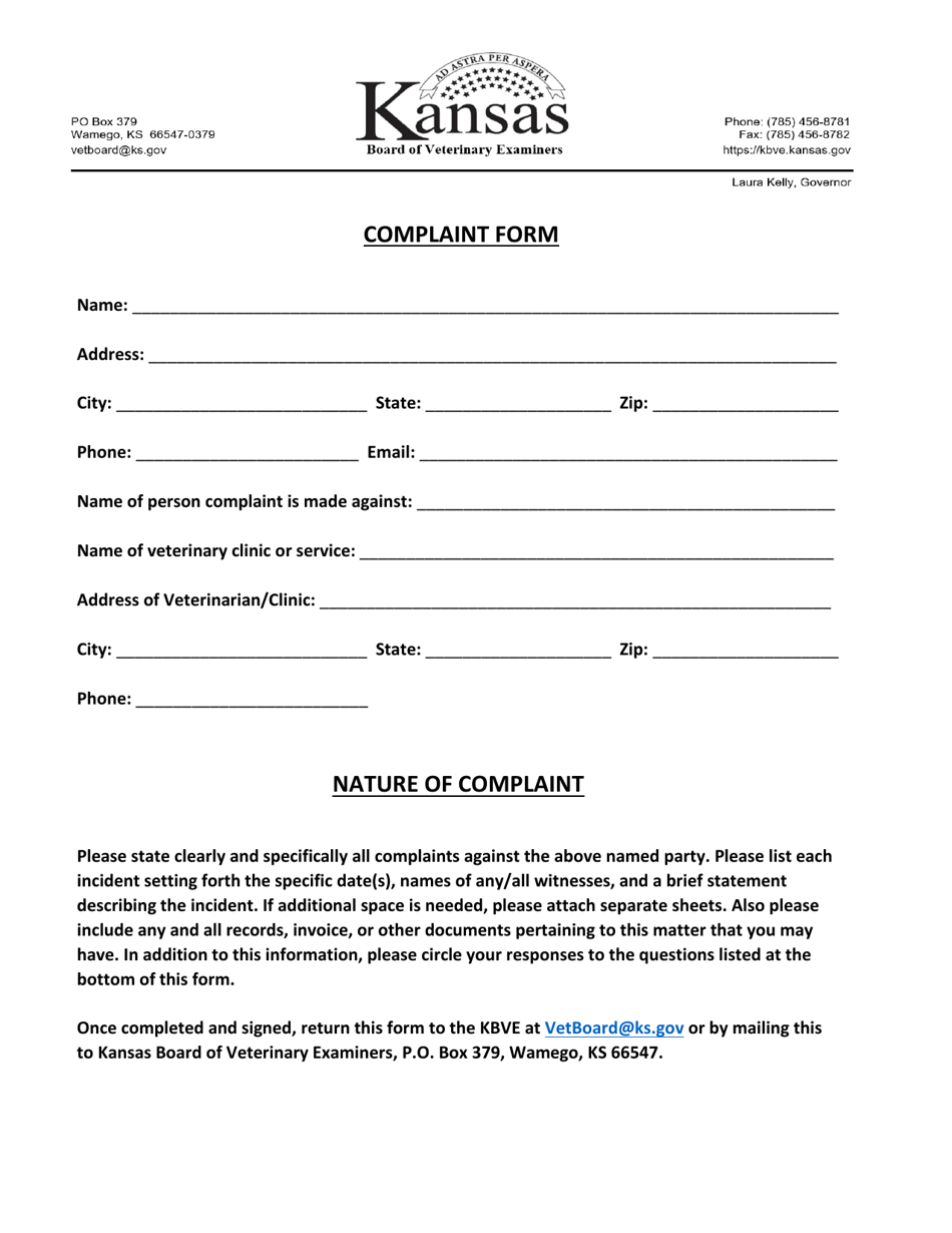 Complaint Form - Kansas, Page 1