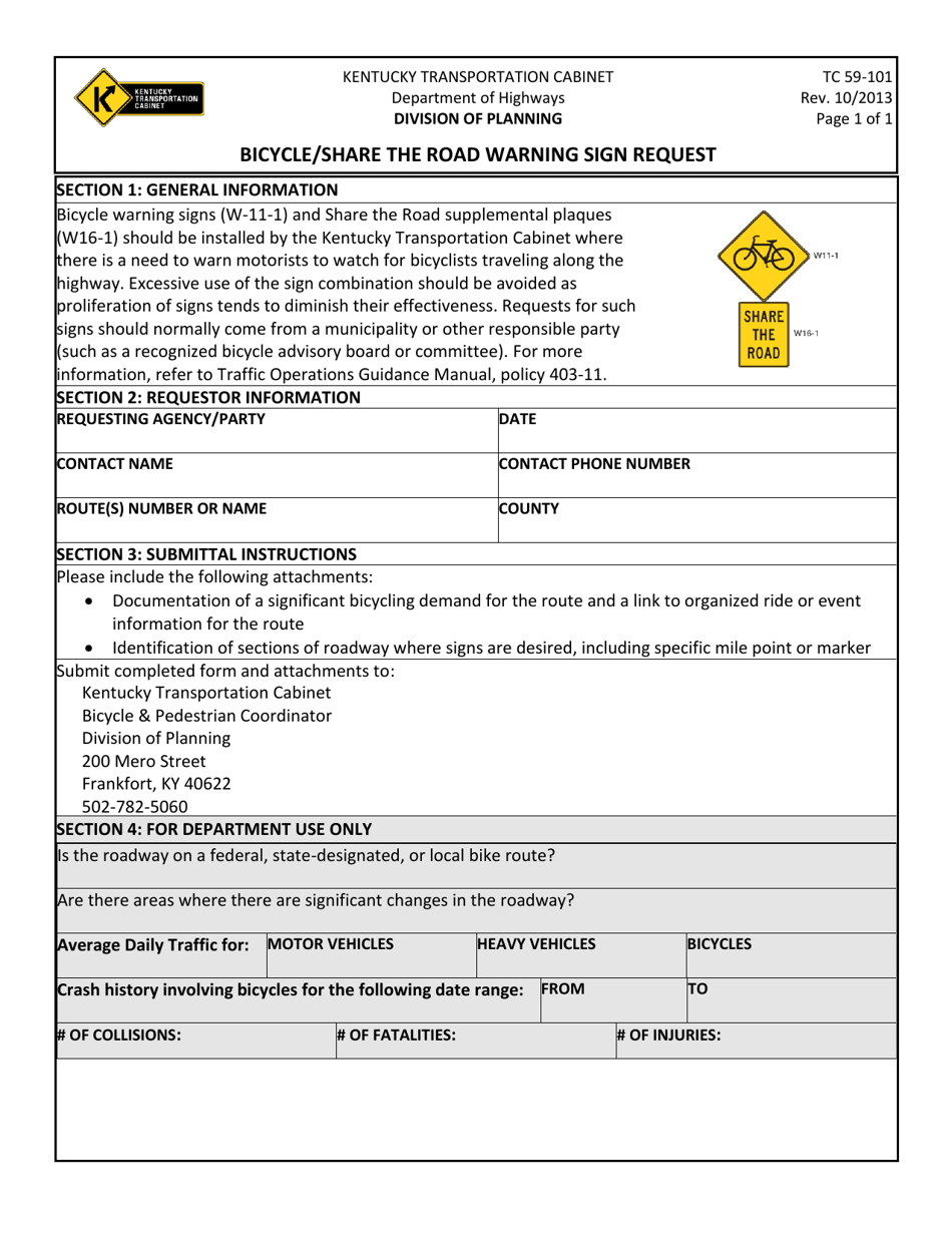 Form TC59-101 Bicycle / Share the Road Warning Sign Request - Kentucky, Page 1