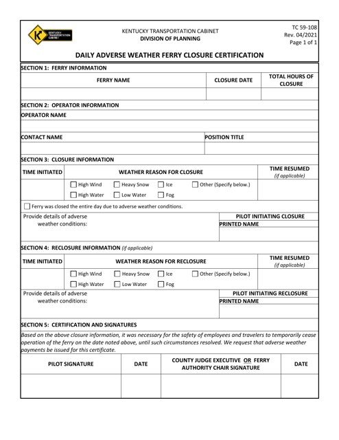 Form TC59-108 Daily Adverse Weather Ferry Closure Certification - Kentucky