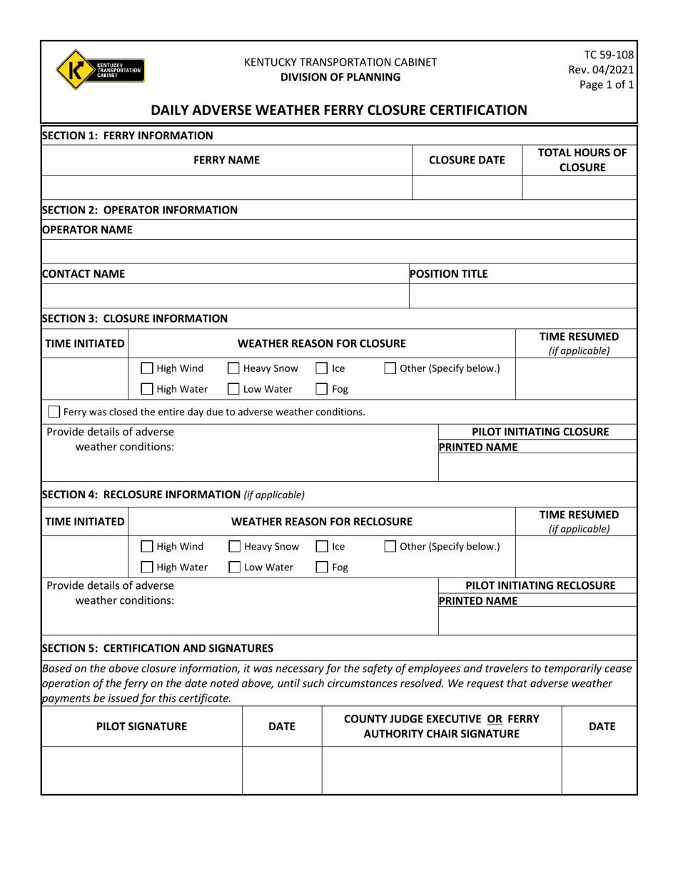 Form TC59-108 Daily Adverse Weather Ferry Closure Certification - Kentucky, Page 1