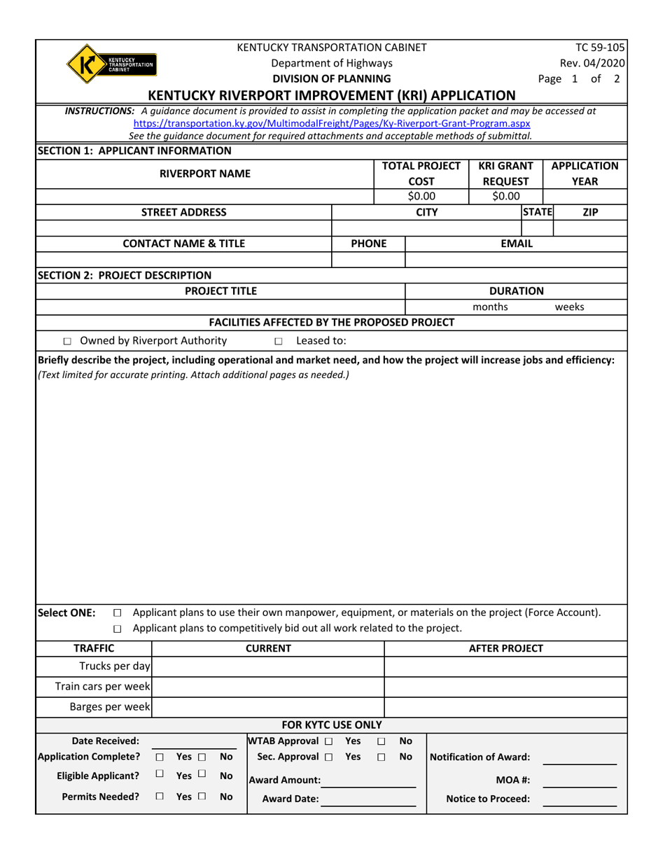 Form TC59-105 Kentucky Riverport Improvement (Kri) Application - Kentucky, Page 1