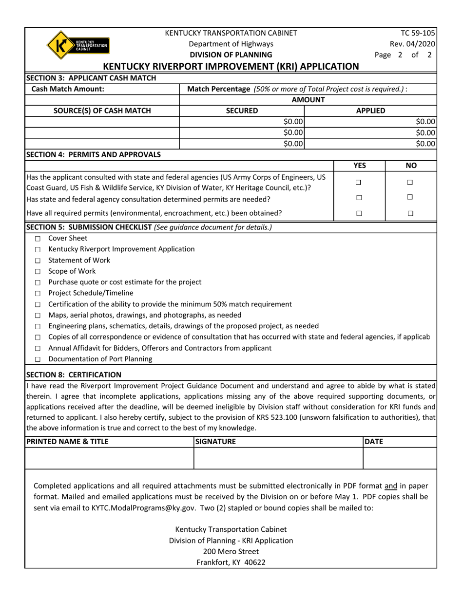 Form TC59-105 Kentucky Riverport Improvement (Kri) Application - Kentucky, Page 2